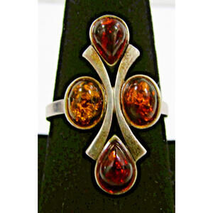 Vintage Sterling Silver Quadruple Orange Amber Cluster Ring Size 9